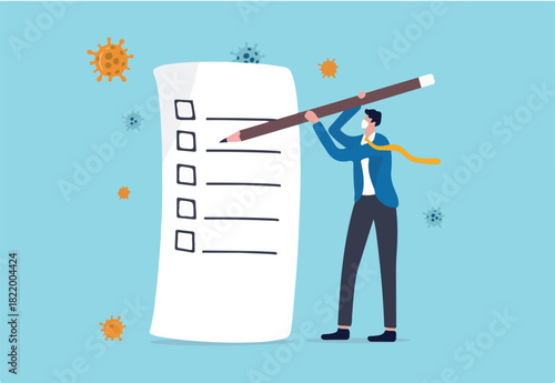 Disaster and crisis management, COVID-19 Coronavirus business plan for pandemic crisis, to do list or new normal post pandemic concept, businessman holding pencil writing check list, virus pathogen. 