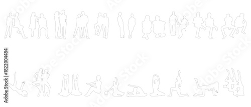 Vector illustration of line people for interior layout or design presentation. People sitting, walking and in working poses yoga.
