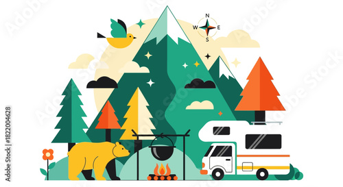 Vibrant flat illustration of a serene camping scene with mountains, trees, a caravan, campfire, and wildlife
