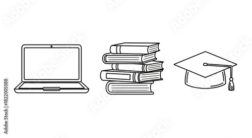 Collection of icons representing digital learning and traditional education laptop, stack of books, and graduation cap