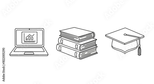 Illustration of a laptop with a graph, stack of books, and graduation cap, symbolizing education and learning