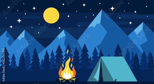 A peaceful camping scene under a starry night sky with a glowing campfire and a cozy tent set against majestic mountains