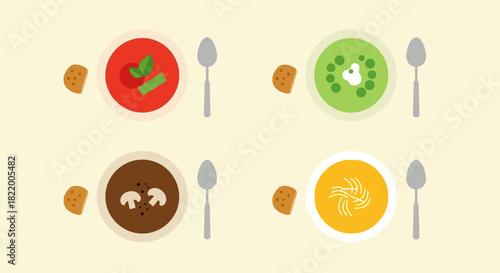 Four bowls of soup with garnishes and a side of bread, each with a spoon and a view from above