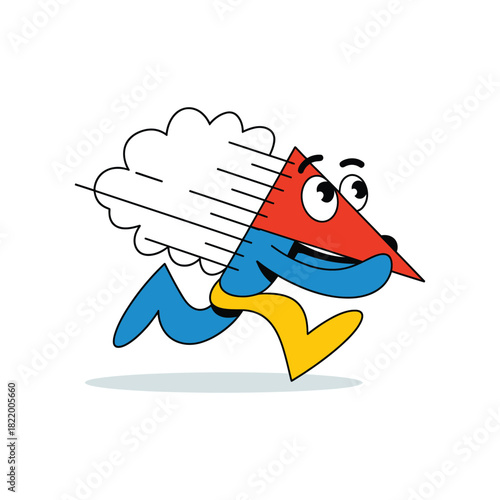 Fast-paced cartoon triangle character running swiftly with speed lines, illustrating quick action or urgent progress.