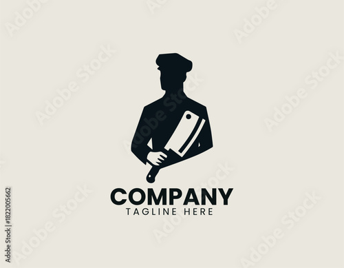 Butcher man character holding classic meat cutting tools illustrated as strong clean black vector logo