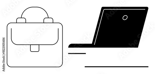 Black and white illustration of a briefcase and open laptop representing work, business, and productivity. Ideal for career, office, freelance, mobility, modern work, digital tools simple flat