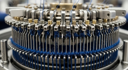 Blue threads on a circular knitting machine, showing intricate metal components in a textile factory setting