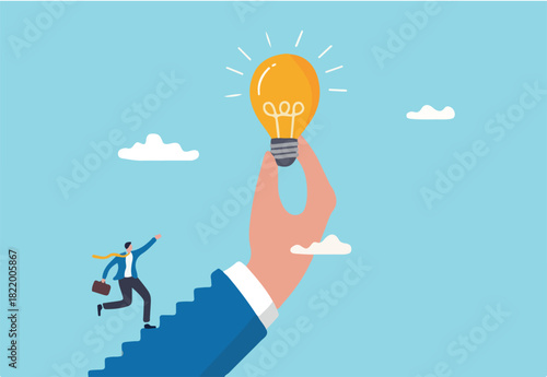 Inspiration idea to inspire or motivate people to success, business innovation or creativity, solution or invention concept, businessman step on stair of big hand holding inspiring bright lightbulb.