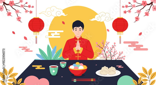 Chinese New Year celebration with food and decorations, happy new year greetings