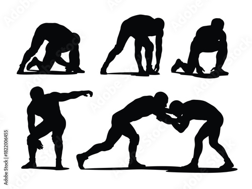 Silhouettes of wrestlers in various stances on a white background