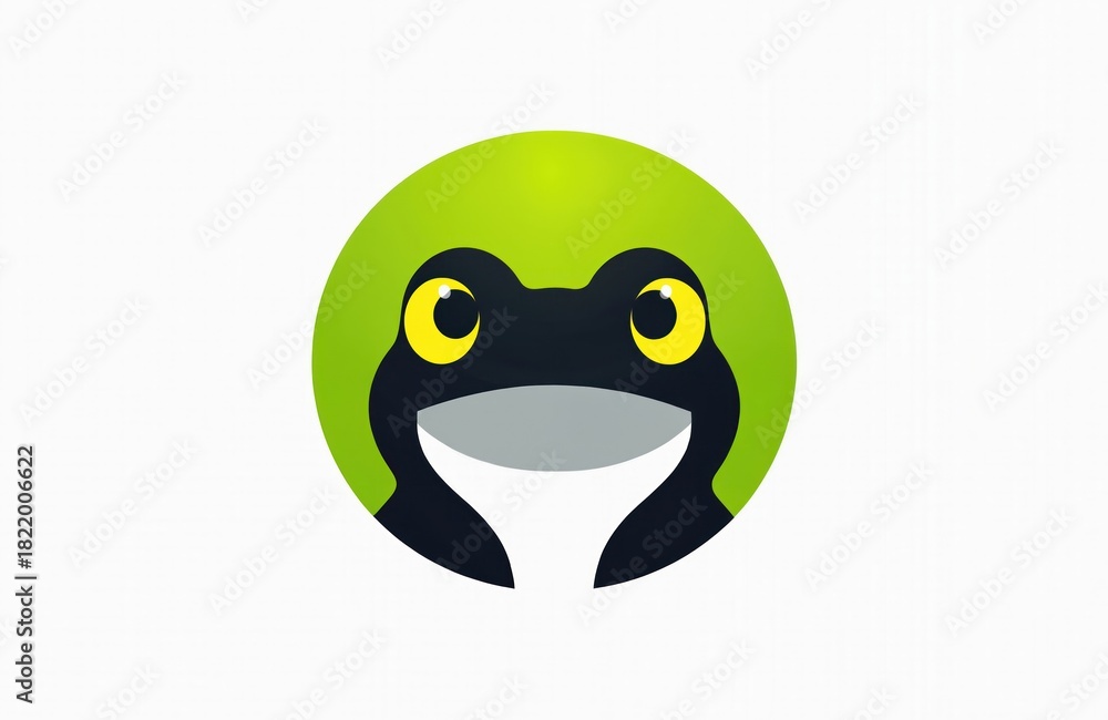 Fototapeta premium Cute frog face peeking from green circle. Cartoon amphibian with big yellow eyes and wide smile. Simple graphic for kids, nature, eco brands, web design.