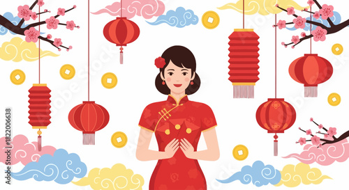Traditional Chinese New Year Celebration with Festive Lanterns and a Woman in a Cheongsam