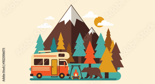 Vector illustration of a camper van parked in a forest campsite with a bear and mountains in the background