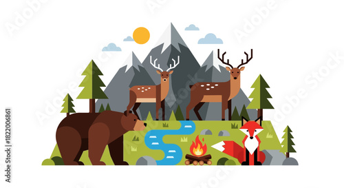 Charming illustration depicting woodland animals, mountains, and a campfire, perfect for nature and adventure themes