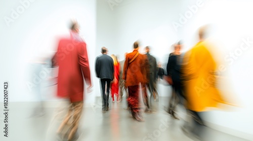 Diverse individuals move creating streaks of colorful motion against a light background. Blurred people banner