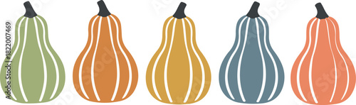 Five elongated gourds with stems in pastel colors arranged horizontally on a white background Keywords: gourd, squash, butternut squash, pumpkin, autumn, fall, harvest, on transparent background