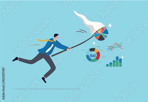Collect data, statistics or datum diagram, information, research and analysis info, data consolidation, clensing or big data process concept, businessman catch data graph and chart with butterfly net