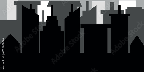 Modern city  background with shadow.Black-White silhouette.Vector Illustration for Poster, Banner, Printout, Screen. 2D line object evening cityscape.Monochromatic spot illustration.