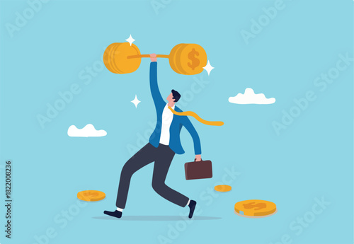 Financial literacy or investment advisor, wealth management concept, strong businessman lifting heavy money coin weights.