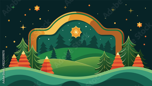 A wintery Christmas backdrop showcasing evergreen trees adorned with bright lights, enhancing the seasonal charm..eps