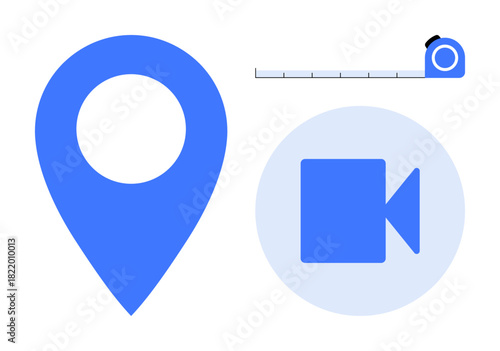 Blue location marker, record button icon, and tape measure represent navigation, media, and precision. Ideal for technology, education, mapping, entertainment measurement online tools