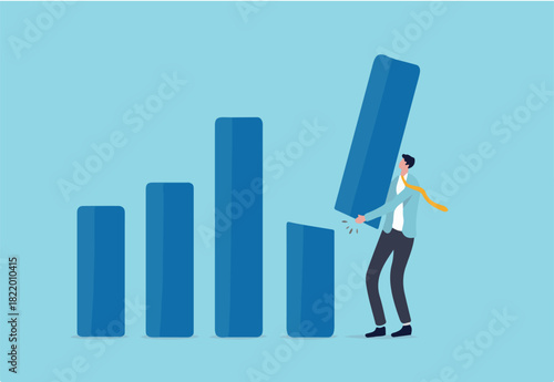 Revenue forecast cut, stock market price correction or global economic slow down due to Coronavirus COVID-19 crisis concept, businessman financial advisor or expert cut and hold piece of bar graph.
