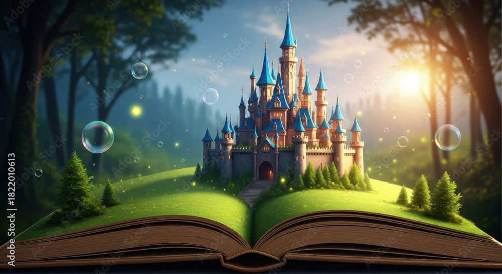 Naklejka premium Enchanted Castle Emerges from Open Storybook
