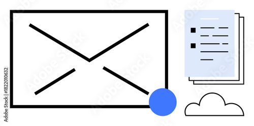 Envelope with notification dot, stacked documents, and cloud icon symbolizing communication, organization, data sharing, and remote connectivity. Ideal for messaging, email, file sharing teamwork