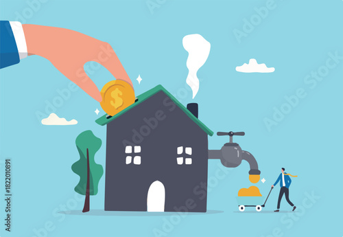 Property or real estate investment, buy a house for rental profit, ROI, return on investment or mortgage, house ownership or investing opportunity concept, businessman hand put coin with money return.