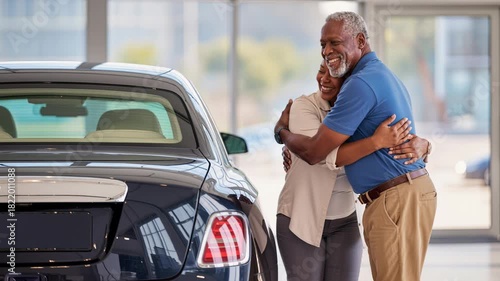 Two joyful adults embrace amidst bright car dealership, celebrating their new black luxury vehicle purchase, evoking happiness and excitement, celebratory, new car