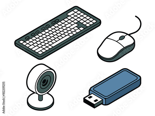 Isometric view of computer peripherals including keyboard and mouse