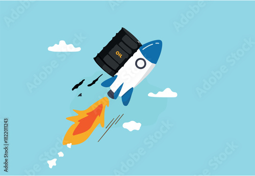 Crude oil price skyrocket reaching record high due to war crisis, fuel or energy price rising up concept, rocket with crude oil gallon flying high up into the sky metaphor of price rising.