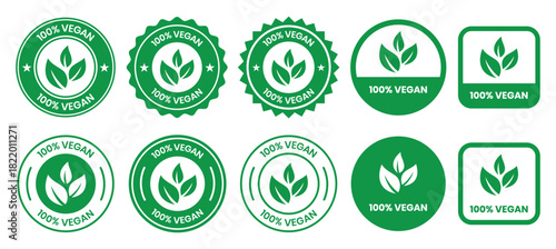 Vegan food icon set badge sign. Bio, Ecology, Organic logos and badges, label, tag. Green leaf on white background. Vector illustration. Vegan food logo, label, sign, badge, symbol, banner.