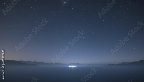 “Soft glowing night sky with gentle twinkling stars, calm dark blue horizon, light mist in the air, dreamy atmosphere, subtle moonlight glow, peaceful night ambience, ultra HD cinematic look”