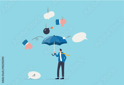 Handle business criticism or negative feedback, manage boss blame, pressure, failure or mistake ashamed concept, confidence businessman hold strong umbrella protect from negative feedback criticism