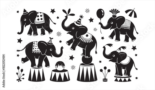 Playful Circus Elephant Vector Set with Decorations, Platforms, and Party Props