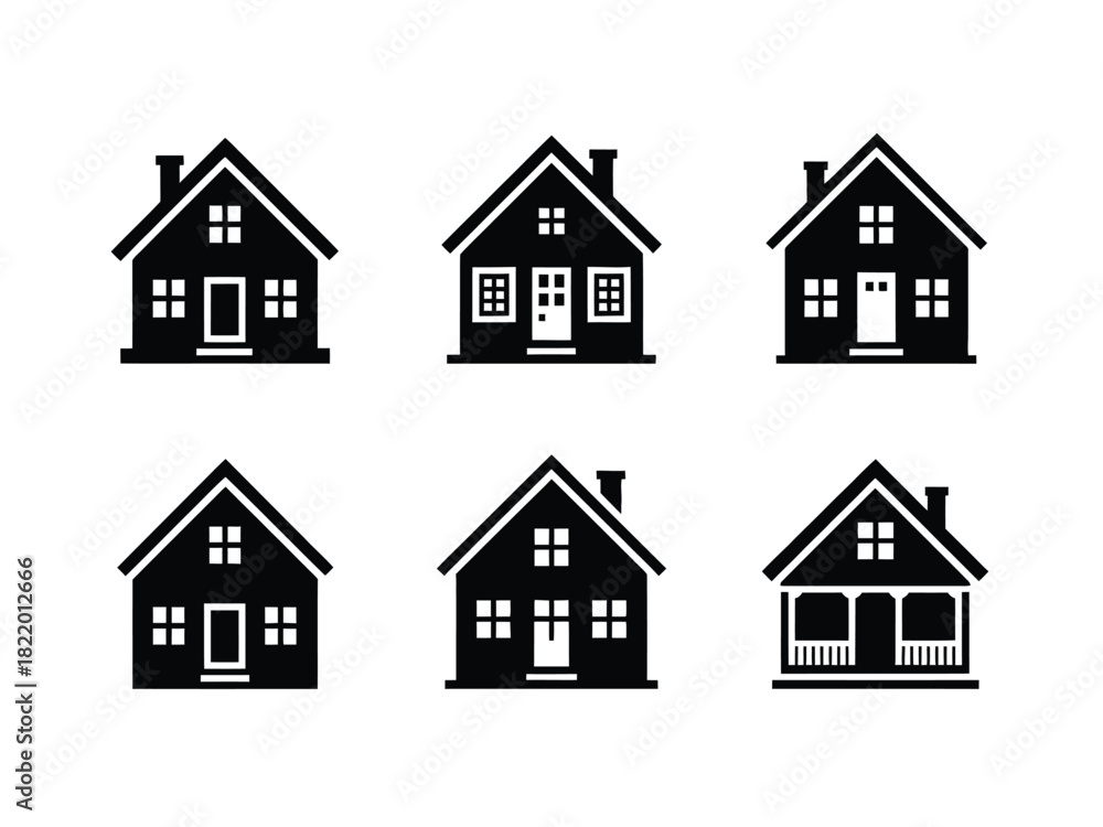 Fototapeta premium A collection of six black and white house silhouette illustrations