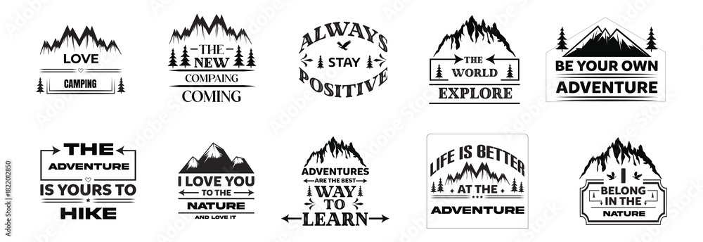 Obraz premium camping-badges-adventure-signs-travellers-mountains-outdoor-extreme-travel-emblem-vintage-hiking-vector