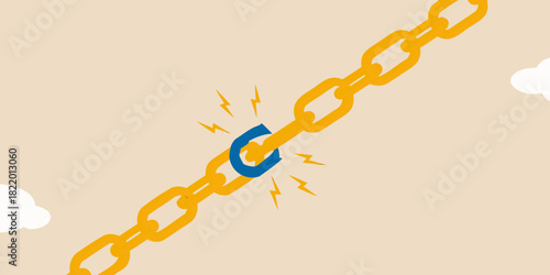 Broken chain link with lightning bolts symbolizing weakness and vulnerability