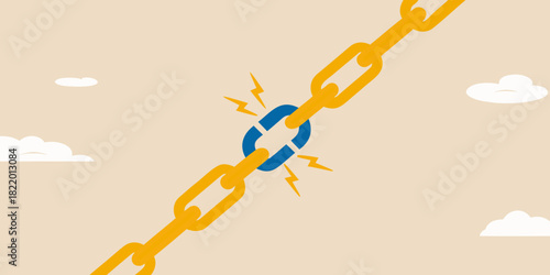 Broken chain link illustrating weakness vulnerability or failure in a system