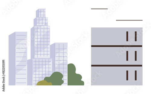Urban skyline of tall skyscrapers, greenery, and a separate modern building. Ideal for architecture, real estate, urban planning, city growth, skyline concepts, modern living and sustainable