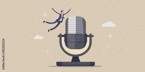Podcast success businessman jumping for joy near a large microphone