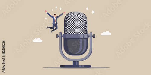 Podcast success businessman jumping near microphone symbolizing achievement and popularity in audio content