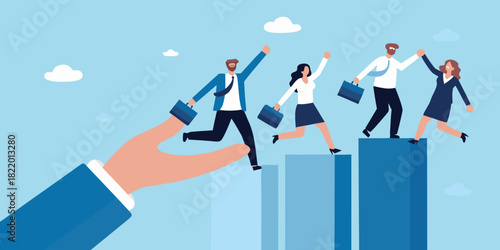 Business people climbing chart with hand helping concept of success