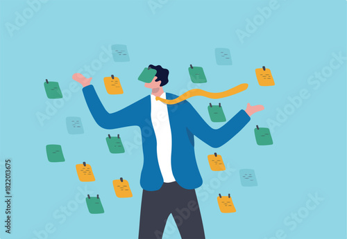 Frustrated or overwhelmed from multitasking, work overload too many tasks, busy overworked, appointment or tired exhausted concept, frustrated businessman working with chaotic sticky notes.