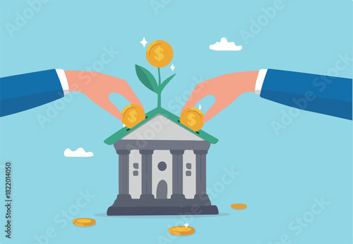 Mutual funds investment, 401K, pension or savings growth, increase wealth, dividends or capital gain profit, interest rate return concept, businessman hand put coin into bank growing money plant