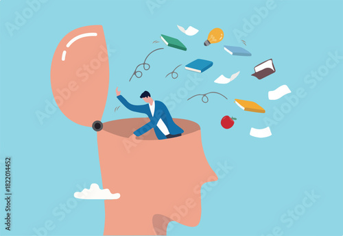 Unlearn, forget wrong information or knowledge, erase or delete memory for free space to learn new things concept, businessman throw away books and knowledge from his brain open head