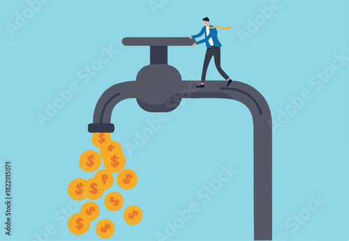 Cash flow, making profit from business or earning from stock investment concept, wealthy businessman business owner or investor opening water tap to let gold dollar coins money flowing out.