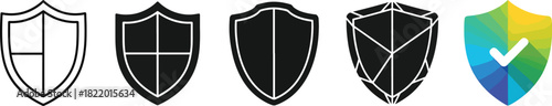 A collection of diverse shield icons in various styles, symbolizing robust digital and physical security, protection, data safety, and antivirus. Vector