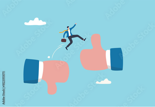 Change or transform to better opportunity, improvement or courage, determination to progress or career growth, aspiration or challenge concept, courage businessman jumping from thumb down to thumb up.